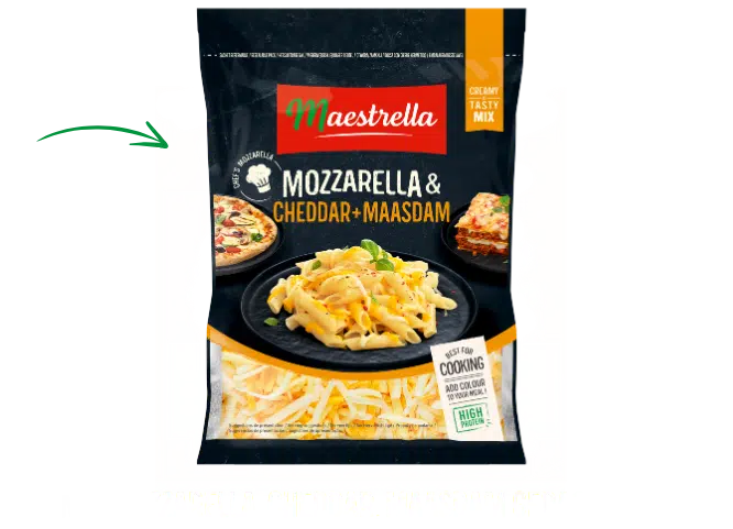 Onze 3 kazenmix: mozzarella, cheddar en maasdam, met een smeltende, romige en zachte textuur, geeft een kenmerkende smaak aan al je gerechten. Mozzarella voor zijn textuur, cheddar voor zijn karakteristieke smaak en unieke kleur, en maasdam voor zijn fruitige tint.